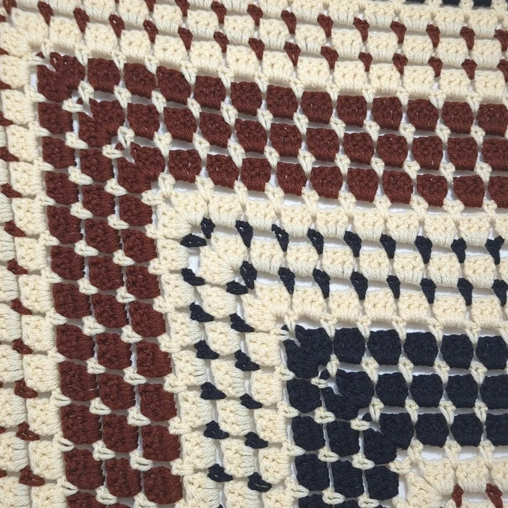 Vintage Handmade Crochet Afghan Granny Square‎ Blanket in Black Cream Brown Cozy